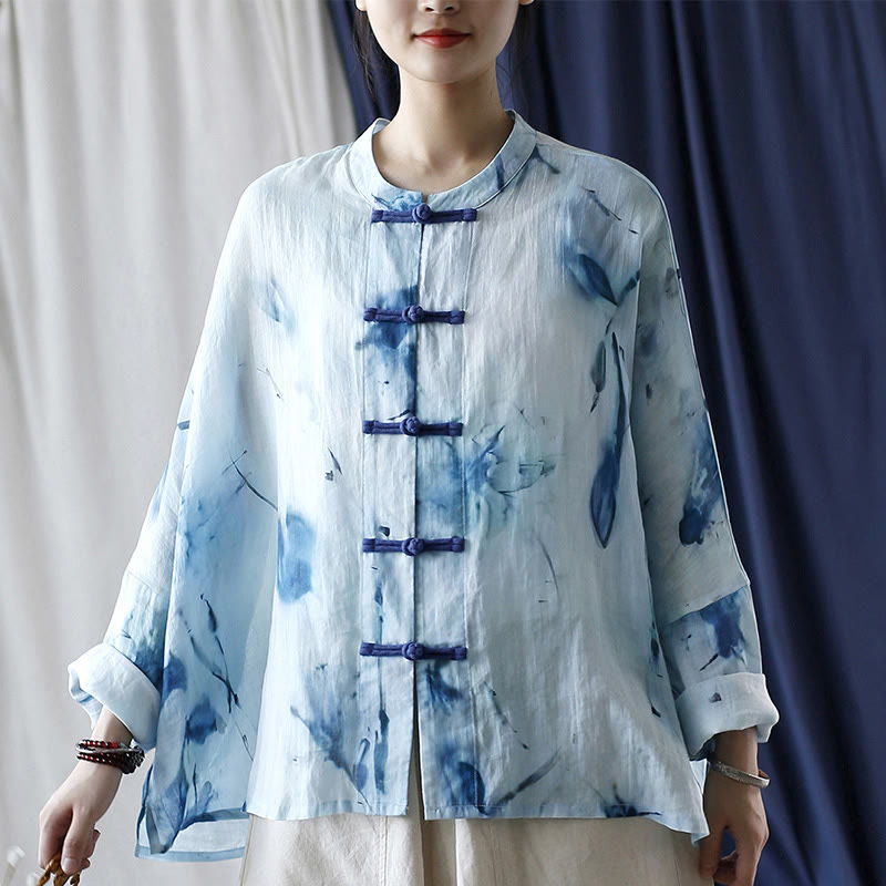 Nimara Ritual Tie Dye Blue Flowers Frog-Button Design Long Sleeve Ramie Linen Jacket Shirt
