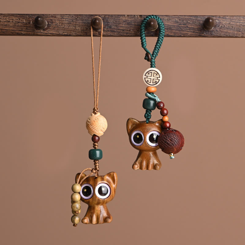 Nimara Ritual Green Sandalwood Lucky Cat Koi Fish Cure Key Chain Phone Hanging Decoration