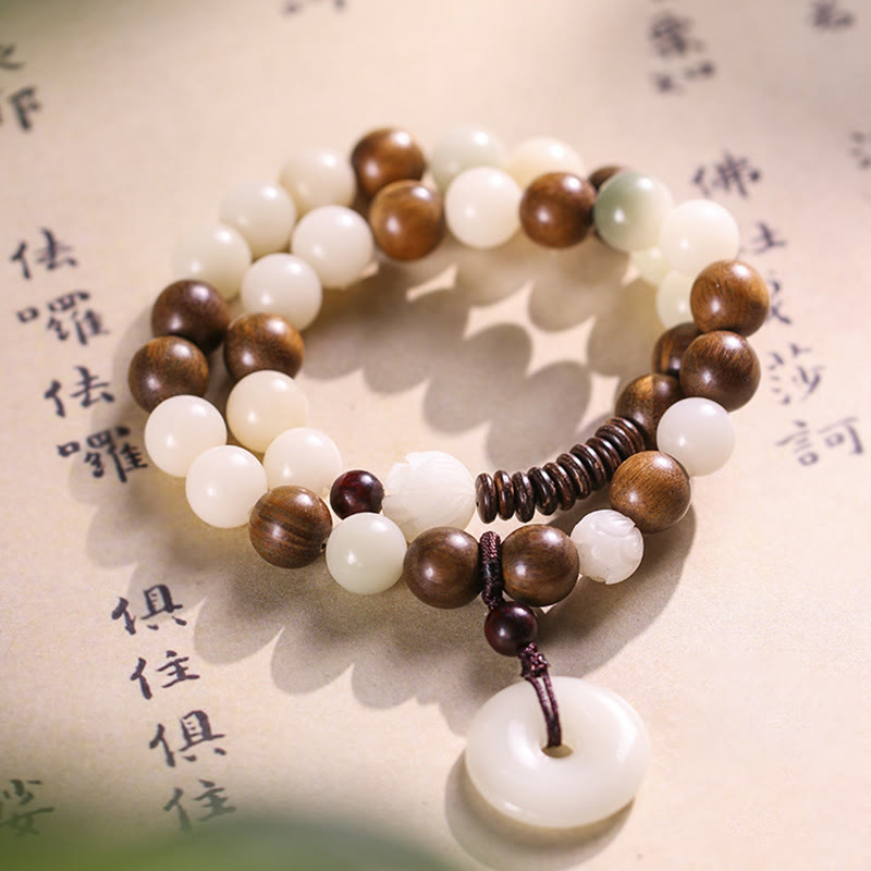 Nimara Ritual Bodhi Seed Green Sandalwood Lotus Peace Buckle Harmony Double Wrap Bracelet