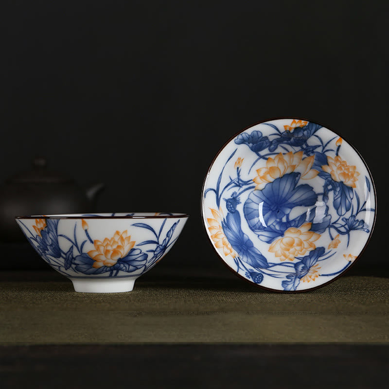 Nimara Ritual Flowers Fu Character Mountains Lotus Cherry Blossoms Ceramic Teacup Kung Fu Tea Cup