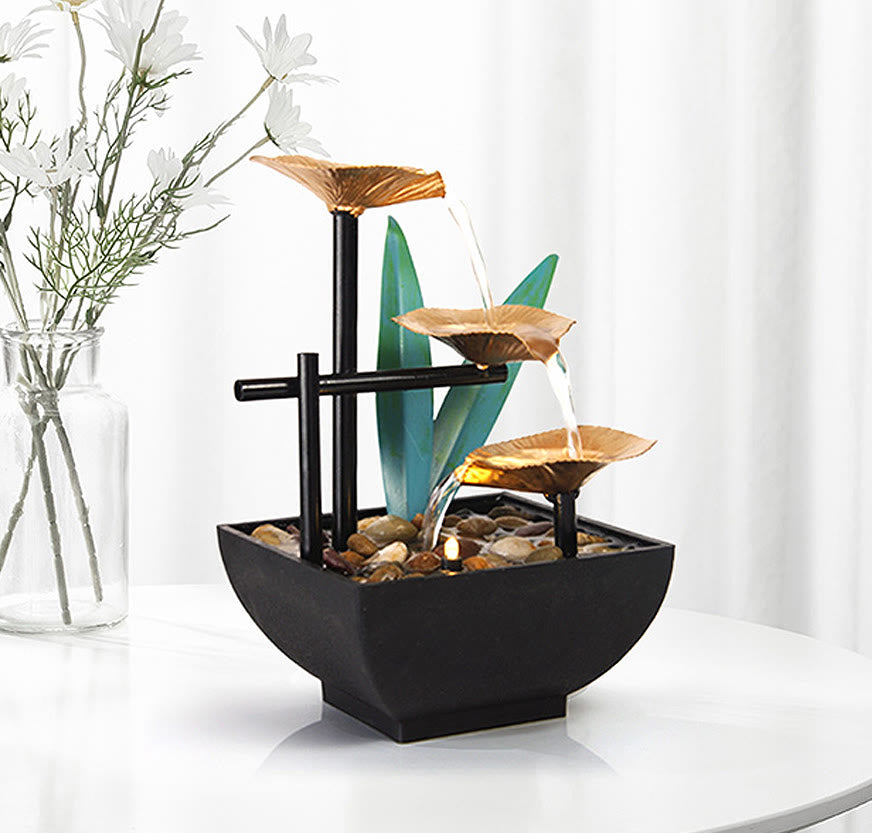 Nimara Ritual Three Layers Waterfall Fountain Tabletop Lotus Ornaments With River Rocks Desktop Decoration