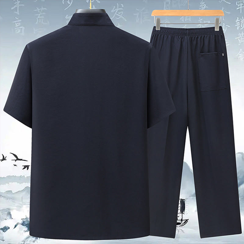 Nimara Ritual Fu Character Chinese Knotting Embroidery Tang Suit Traditional Short Sleeve Top Pants Clothing Men's Set