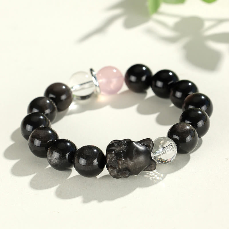 Nimara Ritual Natural Silver Sheen Obsidian Cat Head Fox Planet Protection Bracelet