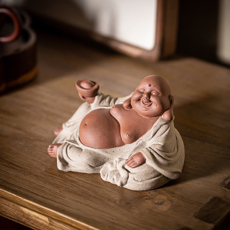 Nimara Ritual Laughing Buddha Ingots Attract Wealth Purple Clay Maitreya Statue Decoration