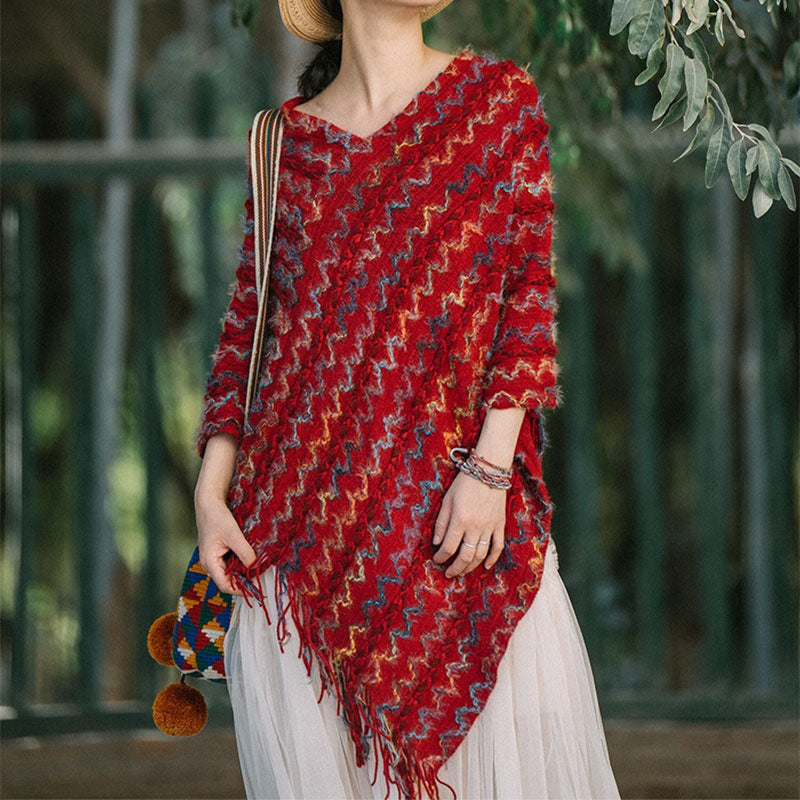 Nimara Ritual Tibetan Colorful Striped Shawl Tassels Pullover Winter Cozy Travel Scarf Wrap