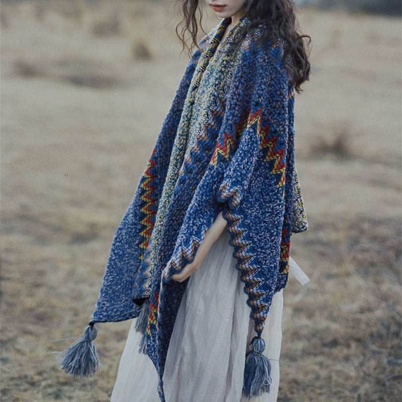 Nimara Ritual Tibetan Shawl Soft Warm Knitting Cloak Winter Tibetan Tassel Scarf