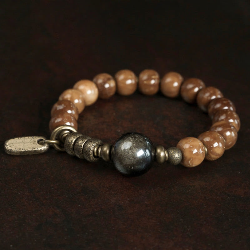 Nimara Ritual Kuka Seed Tiger Eye Gold Sheen Obsidian Brass Copper Wealth Luck Bracelet
