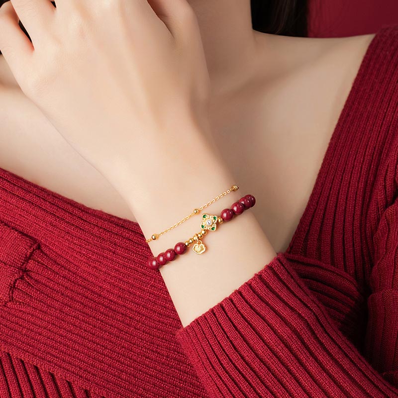 Nimara Ritual 925 Sterling Silver Natural Cinnabar Four Leaf Clover Flower Blessing Chain Bracelet
