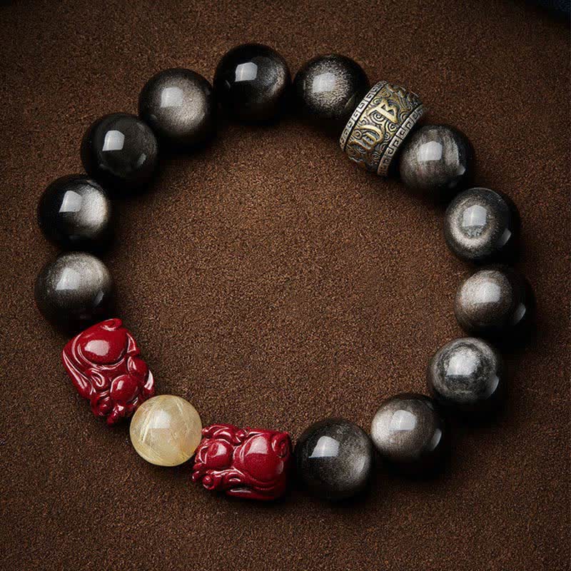 Nimara Ritual Gold Sheen Obsidian PiXiu Cinnabar Om Mani Padme Hum Protection Bracelet
