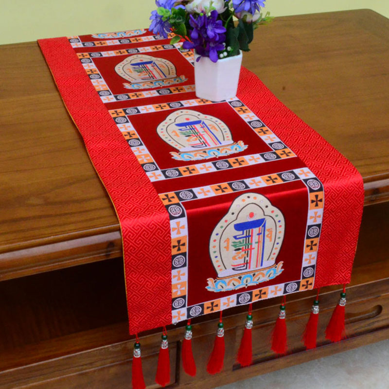Nimara Ritual Prayer Altar Mat Man-Bcu Kalachakra Endless Knot Vajra Tibetan Auspicious Symbols Tassels Table Runner