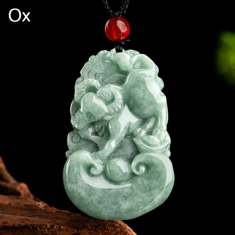 Nimara Ritual Natural Green Jade 12 Chinese Zodiac Luck Prosperity Necklace Pendant