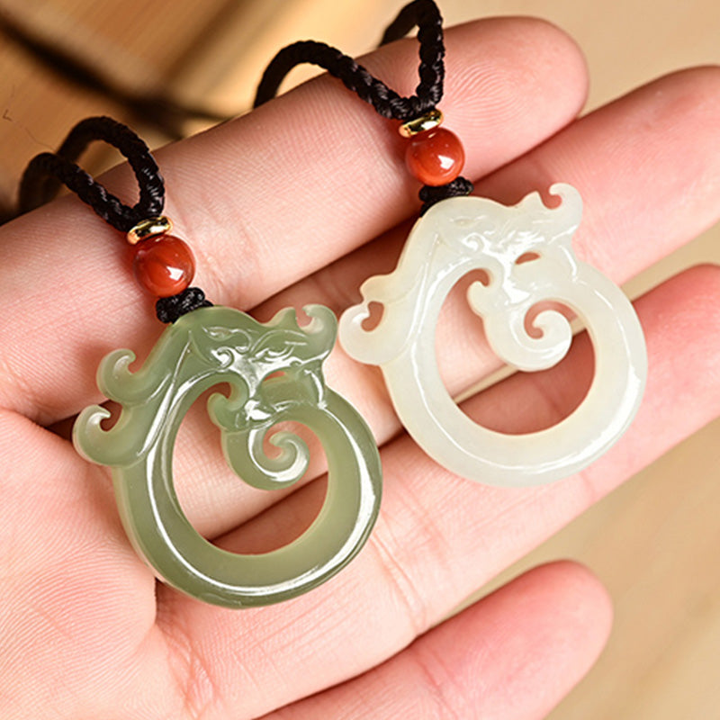 Nimara Ritual White Jade Cyan Jade Dragon Protection Necklace String Pendant