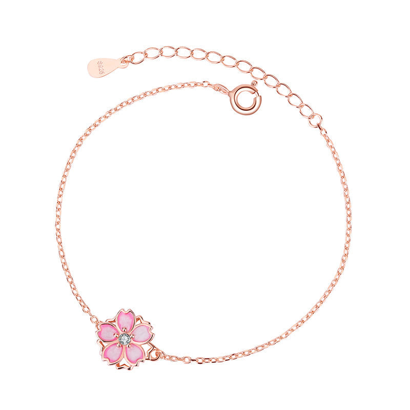Nimara Ritual 925 Sterling Silver Cherry Blossom Blessing Chain Bracelet Rotatable Ring
