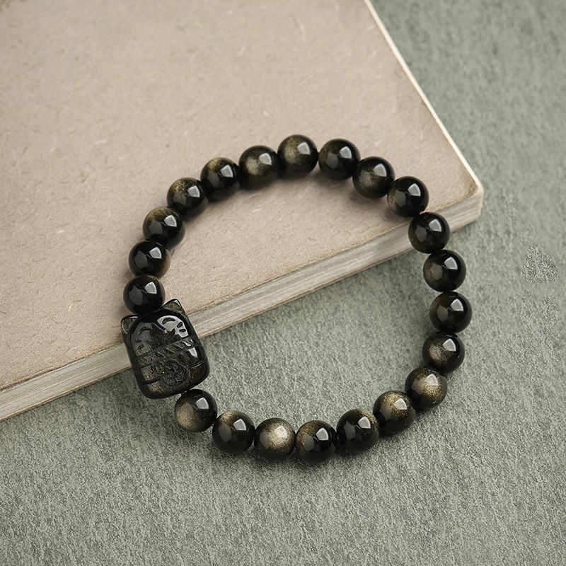 Nimara Ritual Gold Sheen Obsidian Silver Sheen Obsidian Lovely Paw Lucky Cat Protection Bracelet