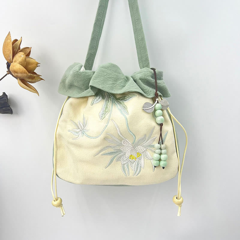 Nimara Ritual Suzhou Embroidery Lotus Epiphyllum Magnolia Cotton Linen Tote Crossbody Bag Shoulder Bag Handbag