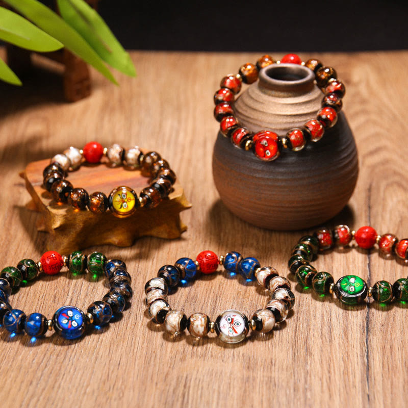 Nimara Ritual Tibetan Five God of Wealth Thangka Liuli Glass Bead Chinese Zodiac Protection Bracelet