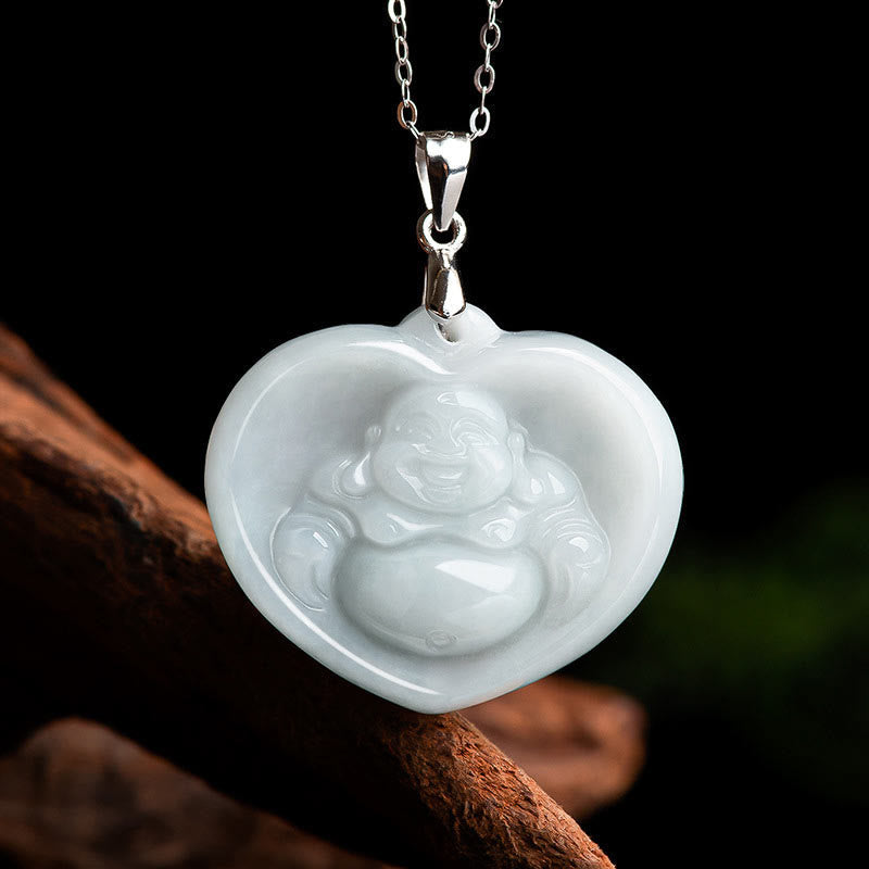 Nimara Ritual Laughing Buddha White Jade Luck Blessing Titanium Steel Chain Necklace Pendant