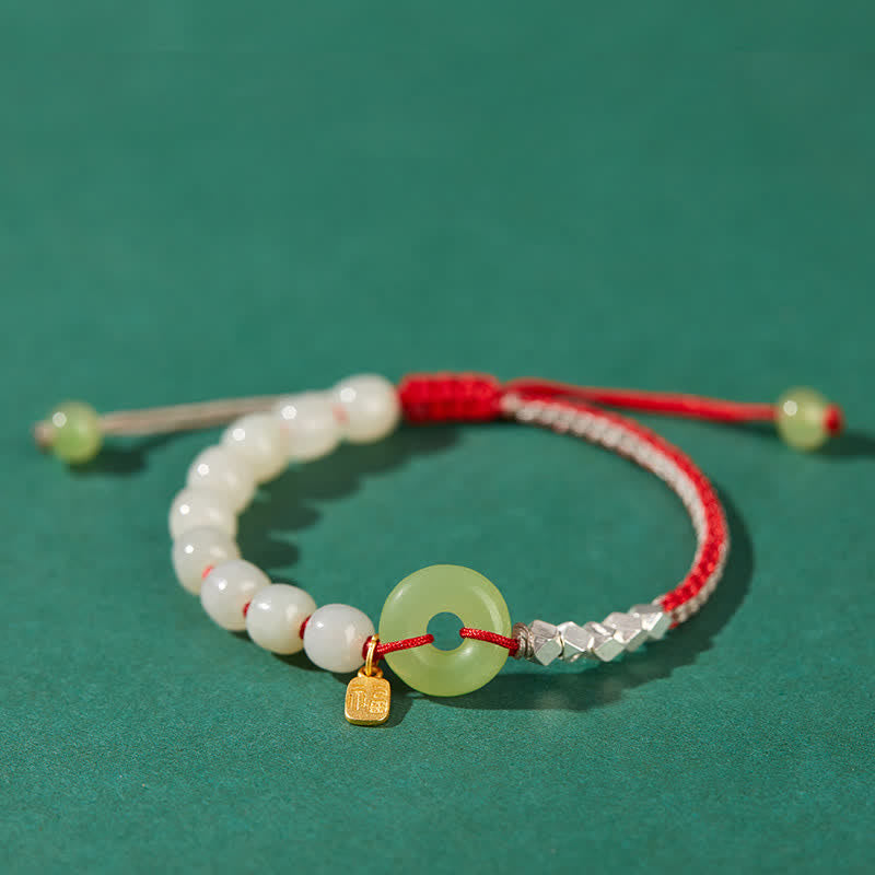 Nimara Ritual 925 Sterling Silver Hetian Jade Peace Buckle Beaded Luck Happiness Charm Bracelet