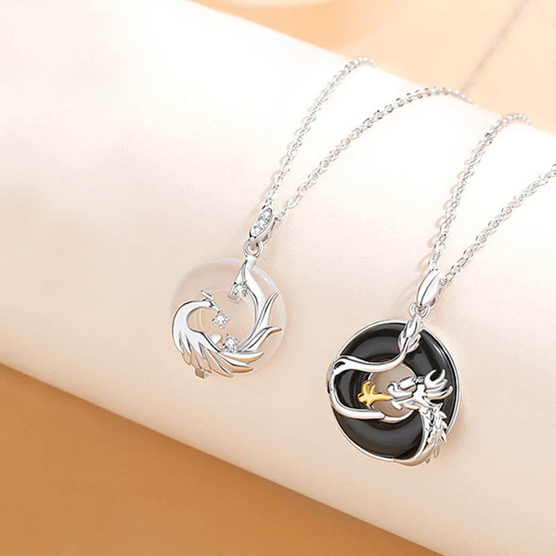 Nimara Ritual 925 Sterling Silver Year of the Dragon Natural Black Onyx Chalcedony Dragon Phoenix Peace Buckle Protection Necklace Pendant