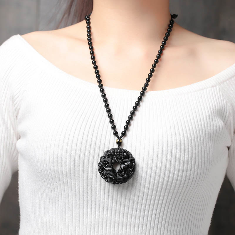 Nimara Ritual Natural Black Obsidian Peace Buckle Pixiu Purification Necklace Pendant