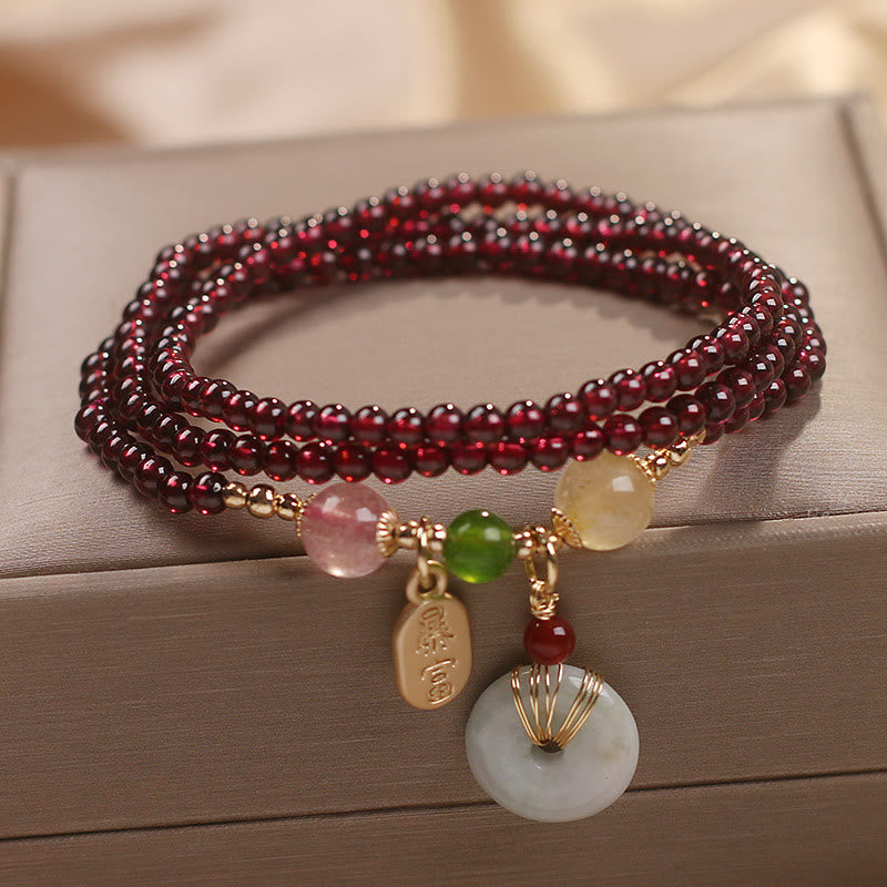Nimara Ritual Natural Garnet Strawberry Quartz Crystal Fox Koi Fish Peace Buckle Fortune Protection Triple Wrap Bracelet