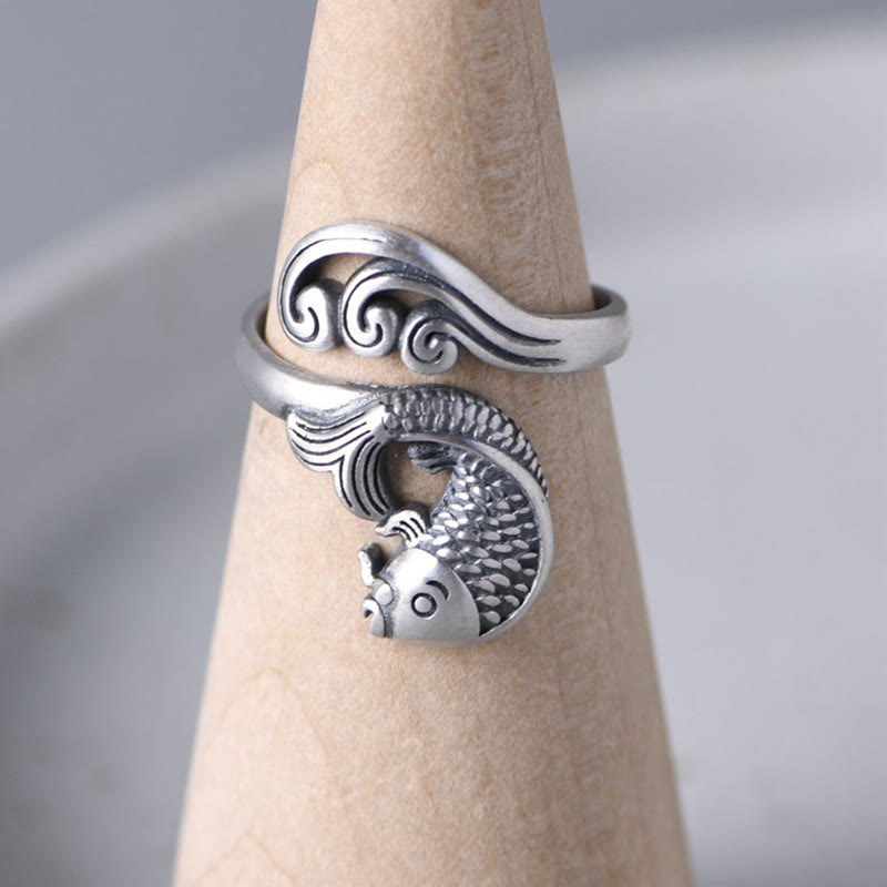 Nimara Ritual 925 Sterling Silver Koi Fish Water Ripple Luck Wealth Ring