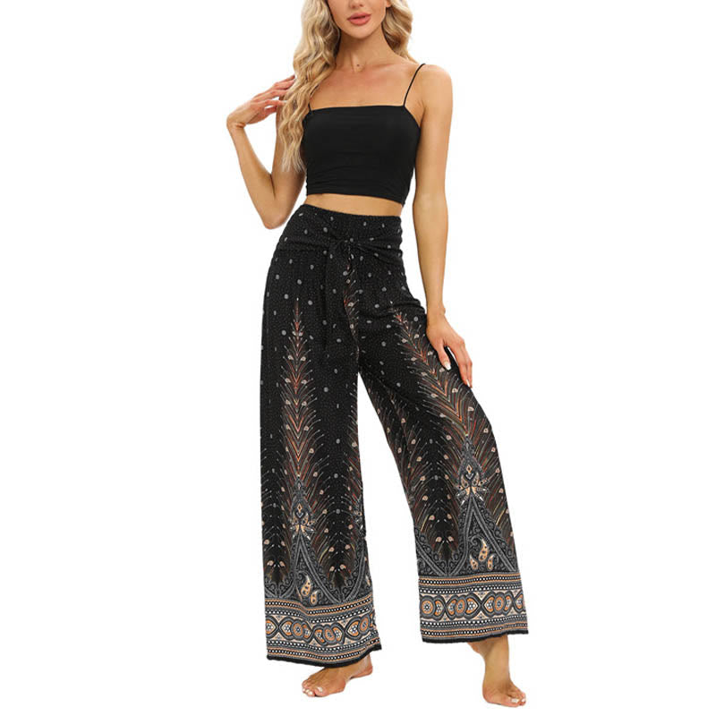 Nimara Ritual Boho Peacock Feathers Lace-up Wide Leg Pants Women's Yoga Pants