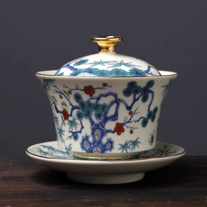 Nimara Ritual Retro Plum Blossom Pine Bamboo Phoenix Kirin Ceramic Gaiwan Sancai Teacup Kung Fu Tea Cup and Saucer with Lid