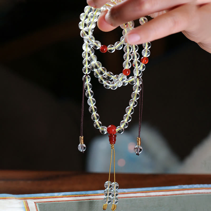 Nimara Ritual 108 Mala Beads 925 Sterling Silver Natural White Agate Red Agate Quadruple Wrap Protection Bracelet