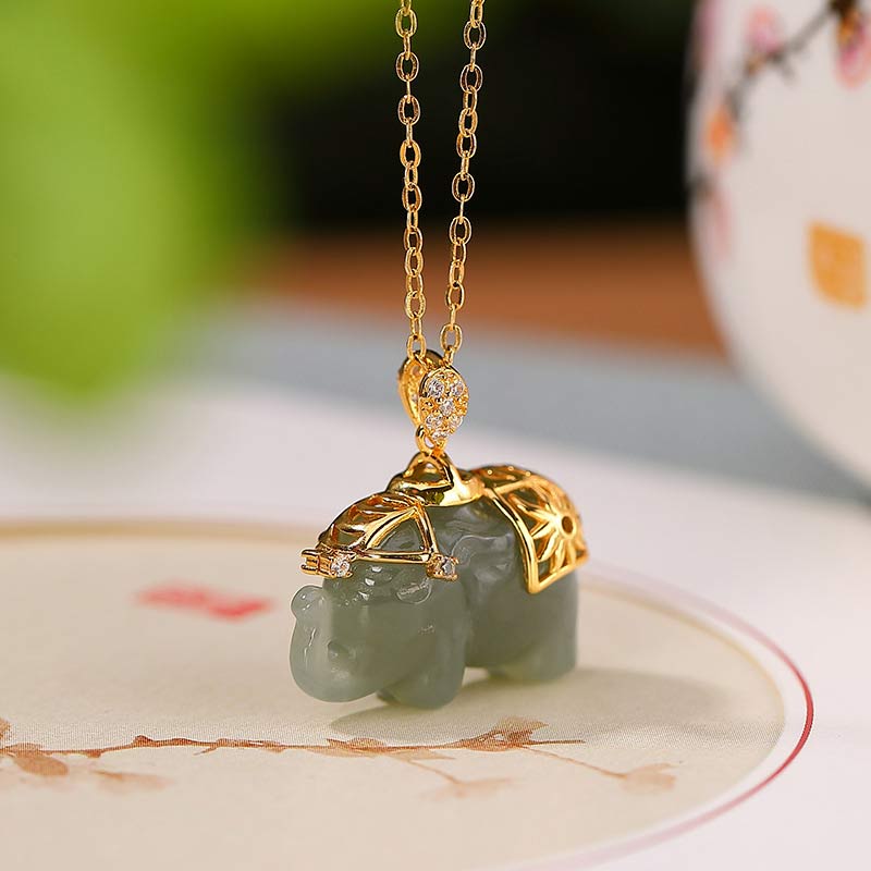 Nimara Ritual 925 Sterling Silver Jade Elephant Blessing Fortune Necklace Chain Pendant