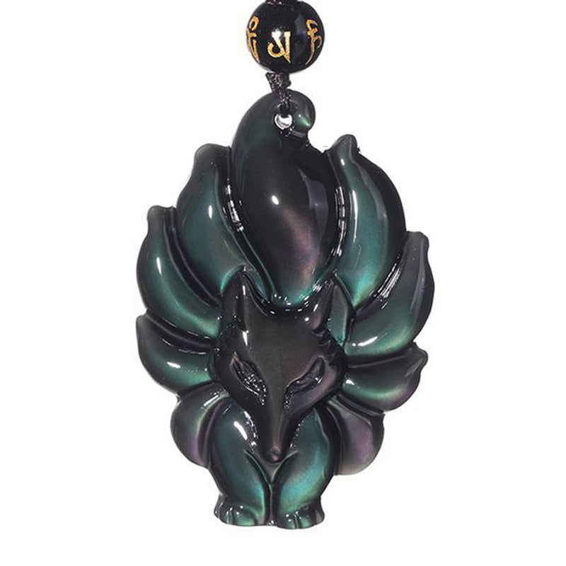 Nimara Ritual Natural Rainbow Obsidian Gold Sheen Obsidian Nine Tailed Fox Positive Necklace Pendant