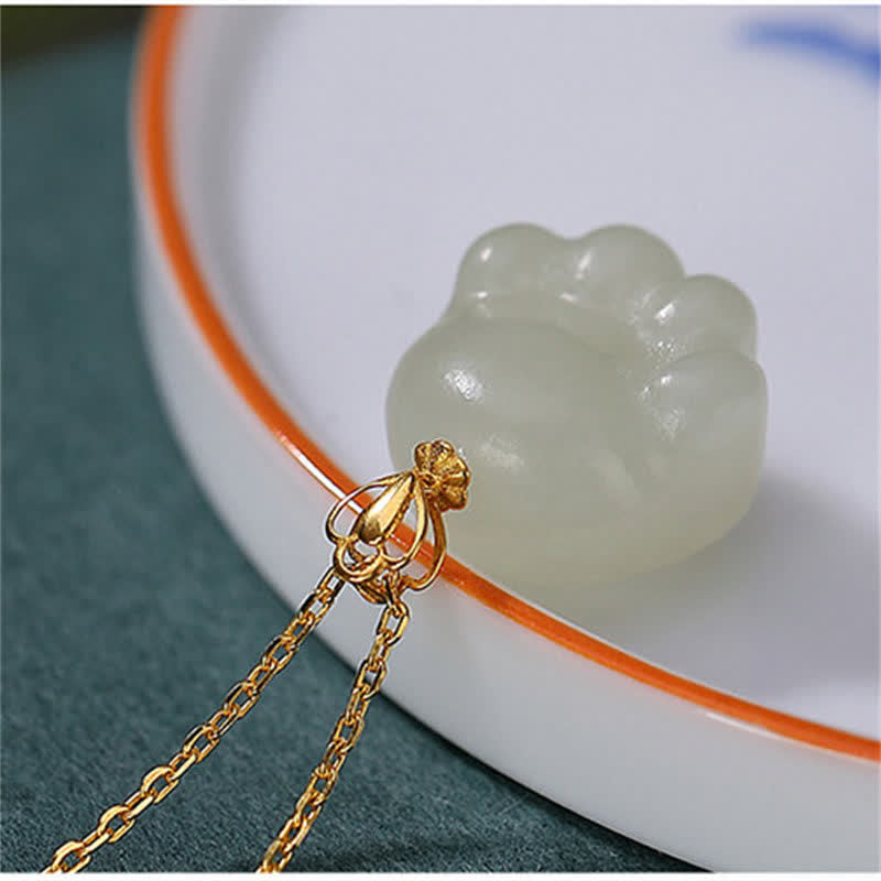 Nimara Ritual 925 Sterling Silver Hetian White Jade Cute Cat Paw Luck Necklace Pendant
