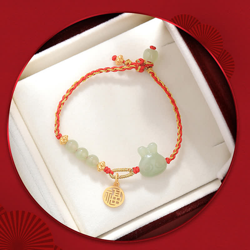 Nimara Ritual 925 Sterling Silver Year of the Rabbit Hetian Jade Happiness Luck Red String Bracelet