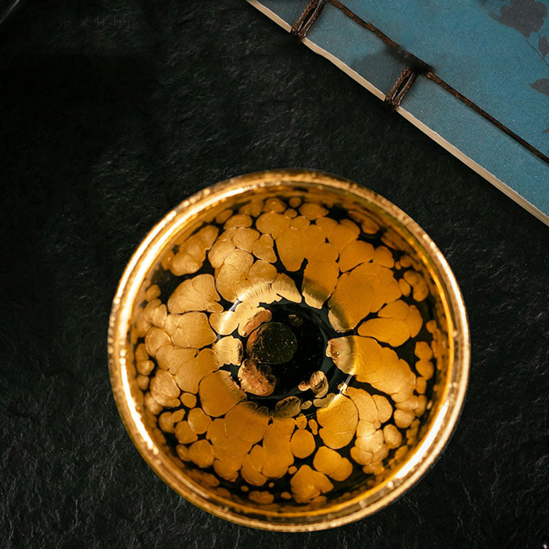 Nimara Ritual 24K Gold Spot Pattern Chinese Jianzhan Ceramic Teacup Kung Fu Tea Cup Bowl With Gift Box