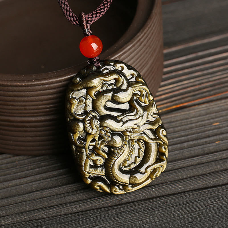 Nimara Ritual Gold Sheen Obsidian Dragon Pattern Success Necklace Pendant