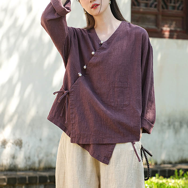 Nimara Ritual Solid Color Ramie Linen Loose Blouse Long Sleeve Shirt Chinese Hanfu Top