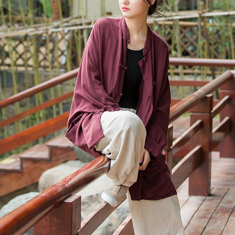 Nimara Ritual Frog-Button Long Sleeve Zen Meditation Open Front Jacket With Pockets