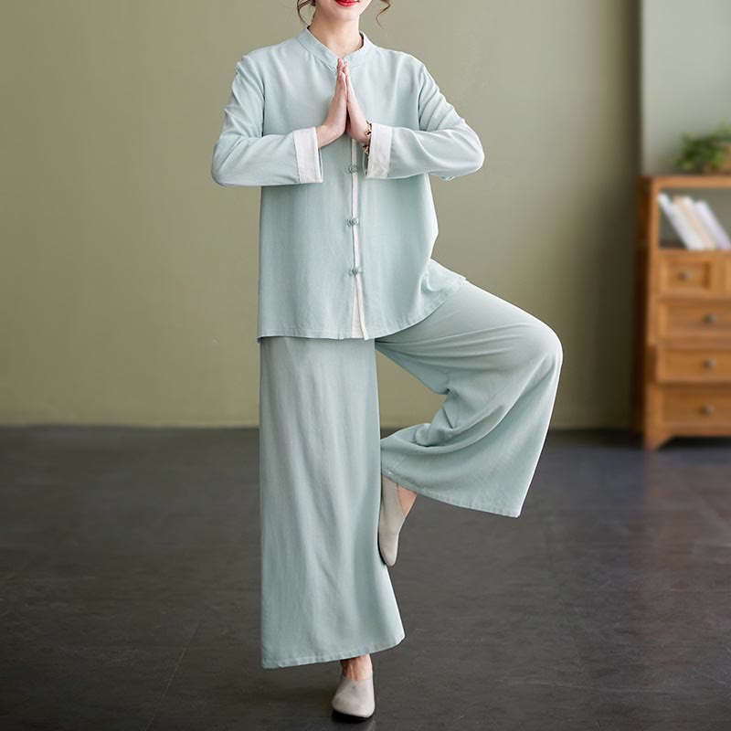 Nimara Ritual 2Pcs Tang Suit Long Sleeve Shirt Top Pants Meditation Zen Tai Chi Cotton Linen Clothing Women's Set