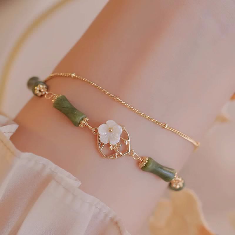 Nimara Ritual 14k Gold Plated Copper Peridot Bamboo Flower Wealth Double Layer Bracelet