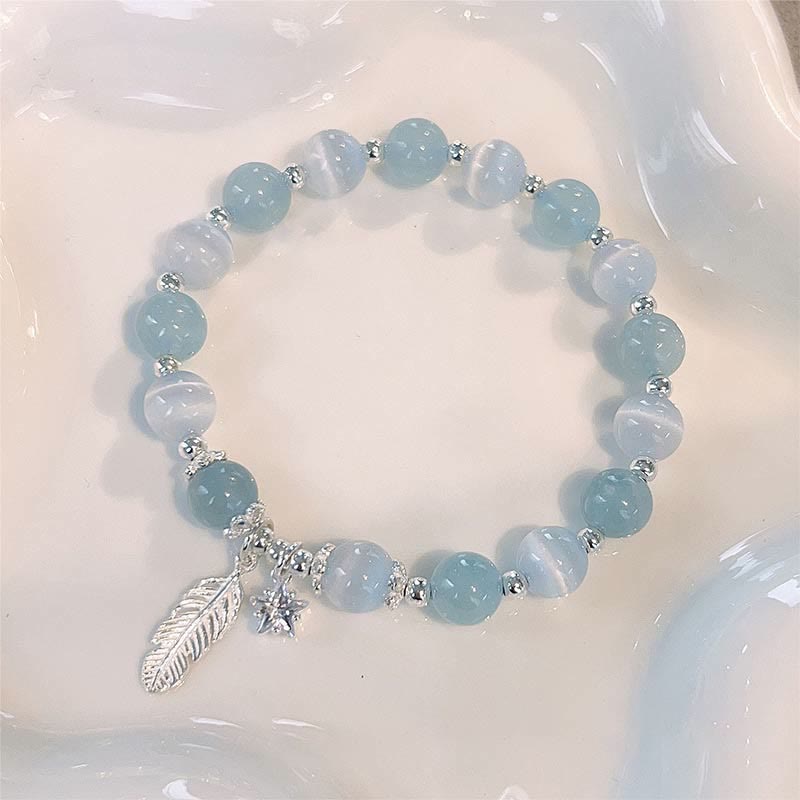 Nimara Ritual 925 Sterling Silver Aquamarine Cat's Eye Healing Feather Star Charm Bracelet