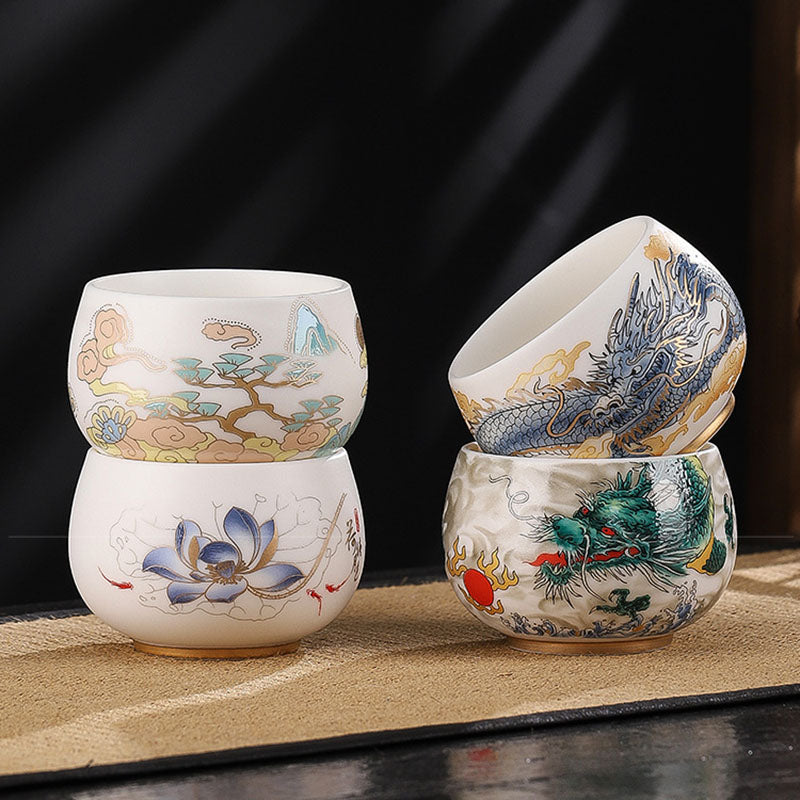 Nimara Ritual Dragon Cicada Bamboo Deer Crane Lotus Plum Flower Ceramic Teacup Kung Fu Tea Cup Bowl 185ml