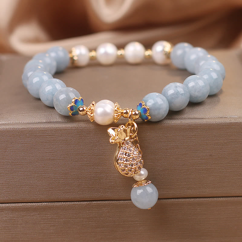 Nimara Ritual Aquamarine Pearl Fortune Money Bag Charm Bracelet