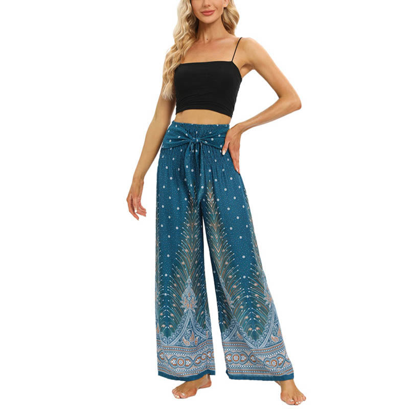 Nimara Ritual Boho Peacock Feathers Lace-up Wide Leg Pants Women's Yoga Pants