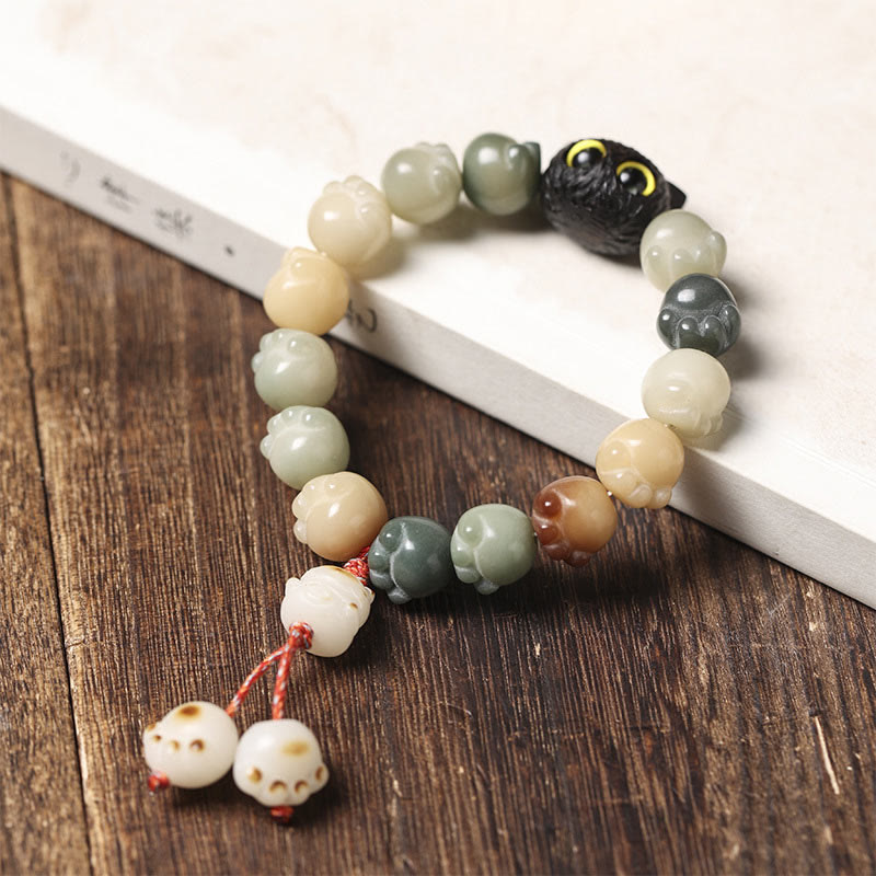Nimara Ritual Natural Bodhi Seed Lovely Paw Ebony Wood Lucky Cat Wisdom Bracelet