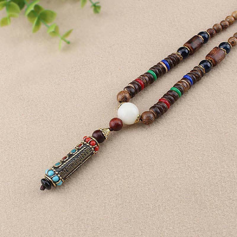 Nimara Ritual Tibetan Om Mani Padme Hum Dzi Bead Wenge Wood Necklace Pendant