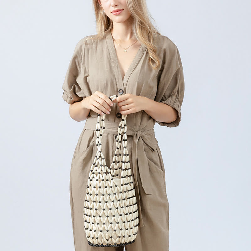 Nimara Ritual Hand-woven Wooden Beads Bucket Shoulder Bag Handbag