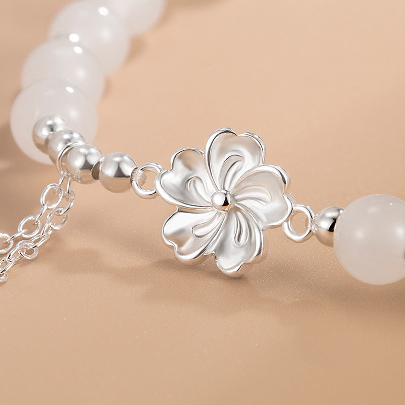 Nimara Ritual White Jade Peach Blossom Petals Flower Luck Bracelet