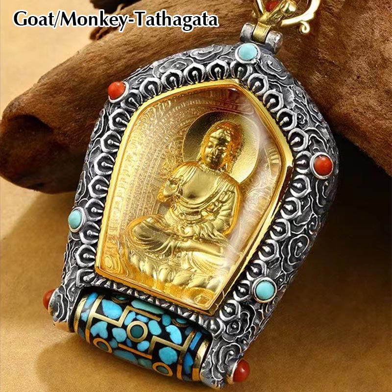 Nimara Ritual Tibet Chinese Zodiac Natal Buddha Thangka Prosperity Rotatable Dzi Bead Necklace Pendant