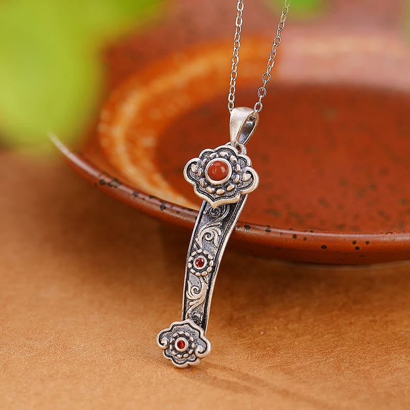 Nimara Ritual 925 Sterling Silver Red Agate Cyan Jade Auspicious Clouds Ruyi Handle Blessing Necklace Pendant