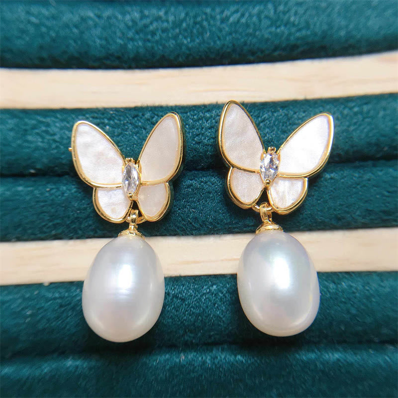 Nimara Ritual 925 Sterling Silver Posts 18K Gold Plated Copper Pearl Butterfly Optimism Stud Earrings